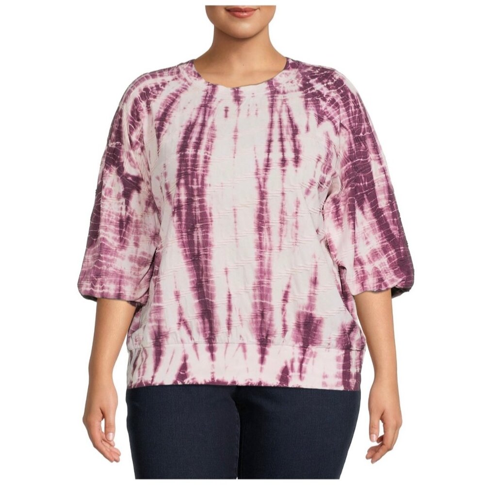 Terra & Sky Purple Oxford Tie Dye Plus Size Textured Balloon Sleeve Top 2X